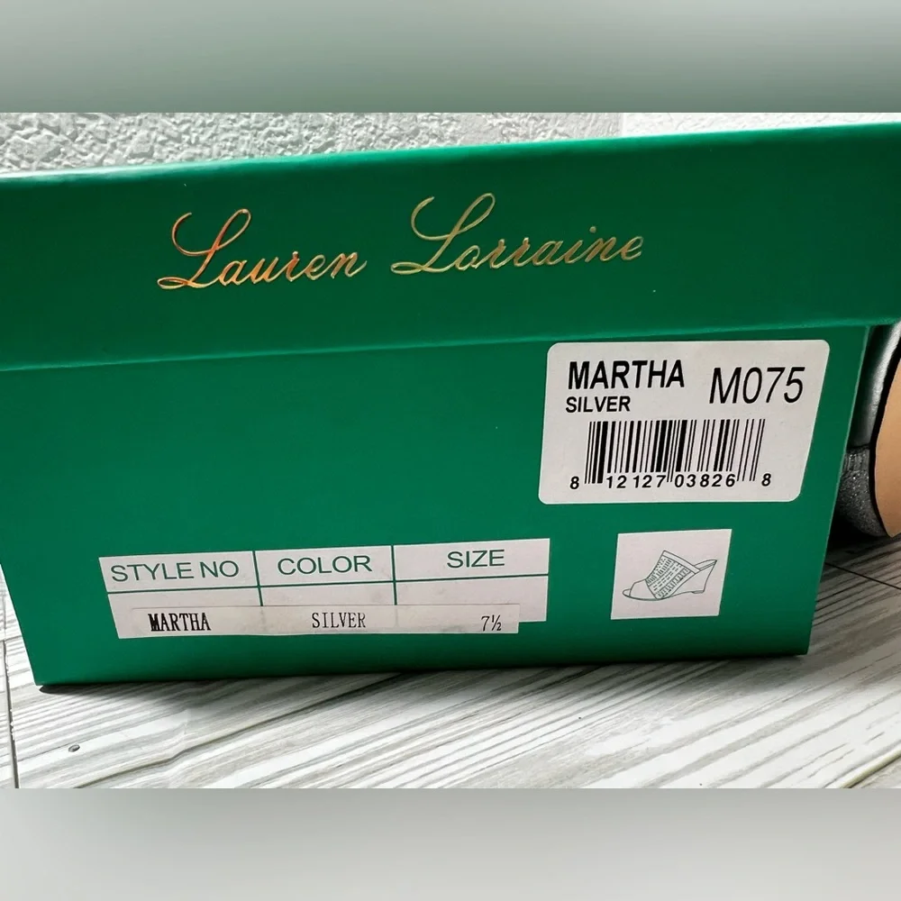 Lauren Lorraine‎ Martha Elegant Silver stretch Wedge Sandals size 5.5 & 7.5